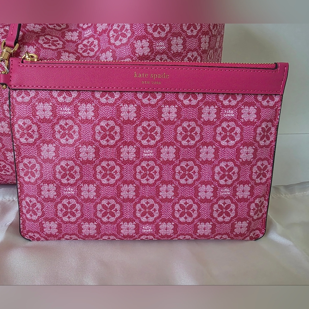 Kate Spade Raspberry Pink Spade Flower Monogram XL Canvas Tote + Pouch- NWOT - Picture 8 of 16